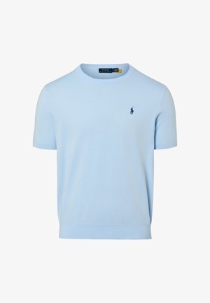 Lichtblauwe Polo Ralph Lauren trui met korte mouwen en ronde hals, voorzien van een klein donkerblauw geborduurd logo op de linkerborst.