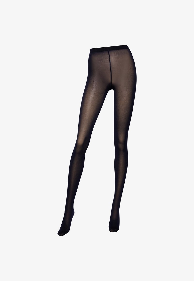 Collant neri trasparenti con una texture liscia, cintura elastica e punta rinforzata. Presentano una finitura semi-opaqu per versatilità.