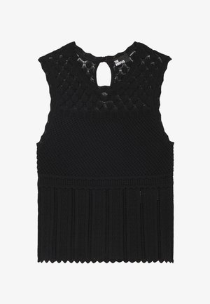 Mouwloos, zwart gebreid topje met geschulpte randen, gestructureerde patronen en een kleine keyhole-knopsluiting aan de achterkant van de halslijn.