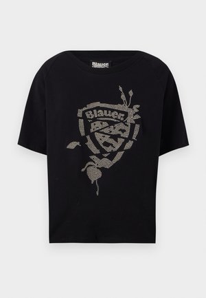 Čierne tričko s krátkym rukávom, zdobené rhinestonmi s nápisom "Blauer" a kvetinovými akcentmi. Jemný bavlnený materiál.