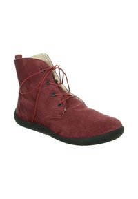 Bordeauxfarbene Wildleder-Stiefelette mit schwarzer Sohle, schnürbarem Vorderteil und einer cremefarbenen, flauschigen Innenausstattung, die am Kragen sichtbar ist.