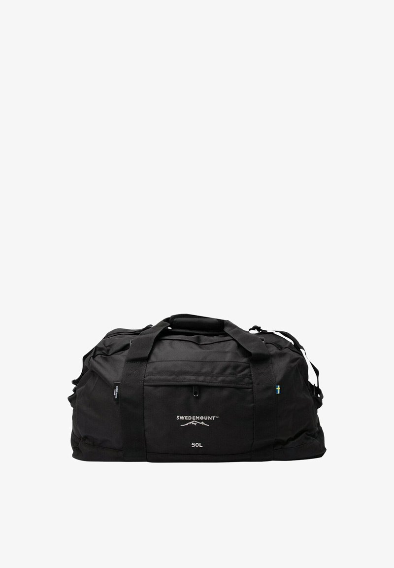 Mustankokoinen duffel-laukku, joka on valmistettu kestävästä kankaasta. Tässä laukussa on kaksinkertaiset kahvat, olkahihna, etupuolella vetoketjullinen tasku ja tilavuus 50 litraa.