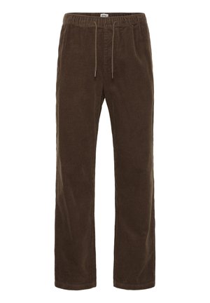 Brown corduroy pants with a drawstring waistband, featuring vertical ribbed texture, straight legs, and minimalistic design.