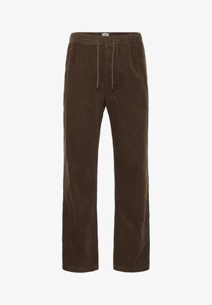 Pantaloni in velluto a coste marrone con vita a coulisse, caratterizzati da una texture verticale a coste, gambe dritte e design minimalista.