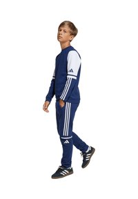 Blauwe trainingspak met witte accenten. Het sweatshirt heeft lange mouwen en ribgebreide manchetten; de broek heeft drie witte strepen en zijzakken. Zwarte sneakers.