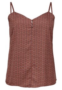 Bruine gestreepte cami met dunne banden en een V-halslijn, voorzien van een knoopdetail aan de voorkant. Gemaakt van lichtgewicht stof.