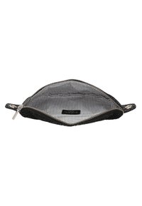 Black textured pouch with a zip closure, featuring a striped interior lining and a small label. Dimensions suited for small items.