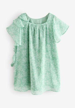 Miętowa sukienka z krótkimi, falbaniastymi rękawami, wzorem kwiatowym, zbieraną linią dekoltu i luźnym krojem. Lekka, przezroczysta tkanina.