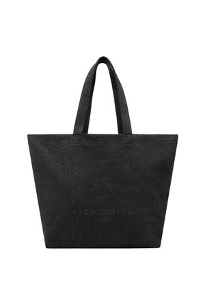 Czarna zamszowa torba na ramię z dwoma rączkami i wytłoczonym logo "Liebeskind Berlin" na środku przedniej części.