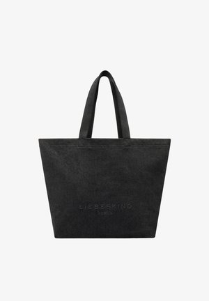 Czarna zamszowa torba na ramię z dwoma rączkami i wytłoczonym logo "Liebeskind Berlin" na środku przedniej części.