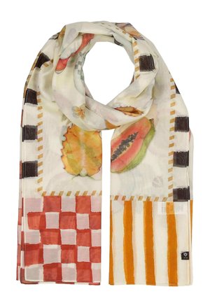 Light scarf with red checkered and orange striped patterns, featuring illustrations of cut tropical fruits and bordered by black and beige squares.