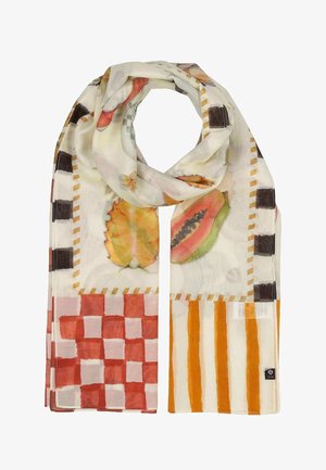 Light scarf with red checkered and orange striped patterns, featuring illustrations of cut tropical fruits and bordered by black and beige squares.