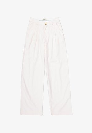 Lichtroze wijde broek met hoge taille, voorplooien, een enkele knoopsluiting en zijzakken. Zachte, gladde textuur van de stof.