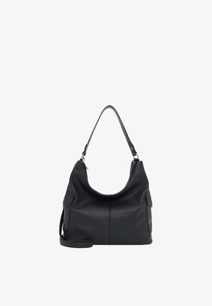 Bolso de hombro de cuero negro texturizado con cierre de cremallera, dos bolsillos laterales y correas ajustables.