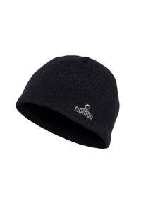 Zwarte gebreide beanie met een geribbelde structuur, voorzien van een klein grijs geborduurd logo aan de voorkant. Ontworpen voor warmte en comfort.