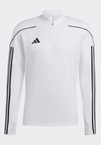 Pullover atletico bianco con maniche lunghe, chiusura a mezza zip, accenti neri con tre righe sulle maniche e pannelli testurizzati sulle spalle.