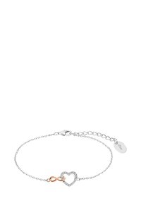 Bracciale in argento con ciondolo a forma di cuore con pietre trasparenti e simbolo dell'infinito in rosé al centro. Chiusura regolabile.