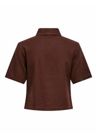 Chemise à manches courtes, marron foncé, avec col, vue de dos, ourlet droit et détails de couture simples.