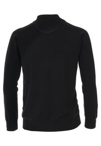 Zwart gebreid trui met een hoge halslijn, lange raglanmouwen en een geribbelde zoom. Glad textuur en effen kleur zonder zichtbare patronen.