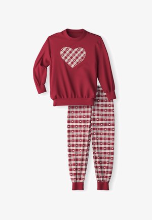 Red sweatshirt with a heart-shaped plaid design, paired with plaid pants featuring small hearts. Both have elastic cuffs and a soft texture.