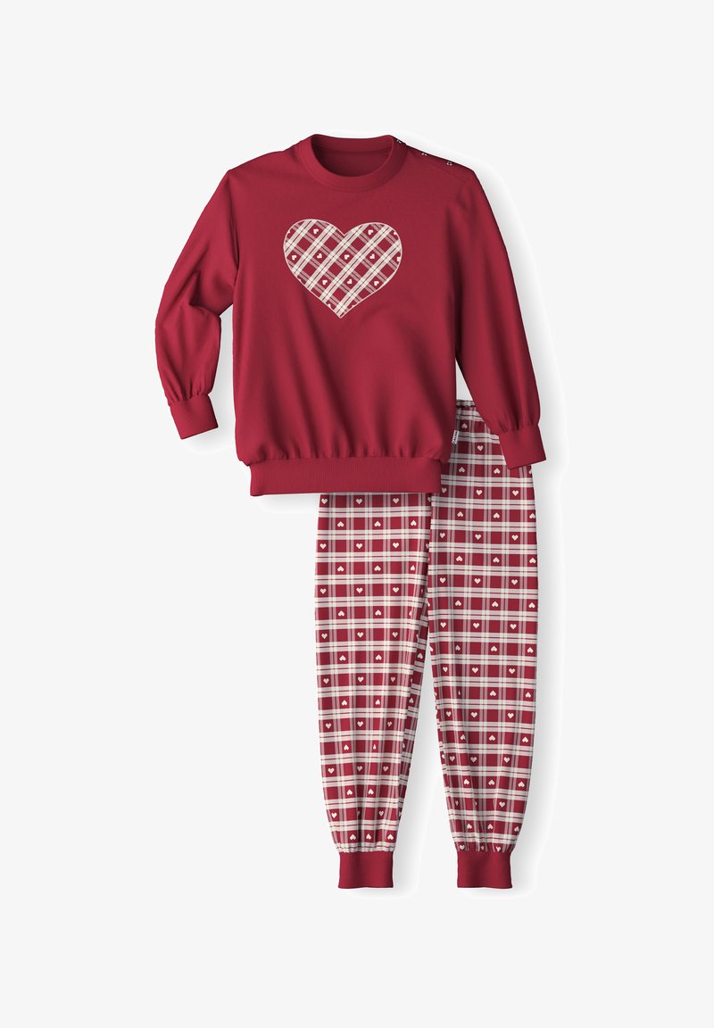 Roter Pullover mit einem herzförmigen Karomuster, kombiniert mit Karohosen, die kleine Herzen aufweisen. Beide haben elastische Bündchen und eine weiche Textur.