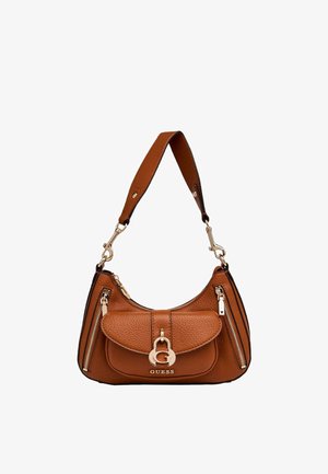 Sac à main GUESS en cuir marron avec ferrures dorées, poche à rabat avant, deux fermetures éclair latérales et une large bandoulière.