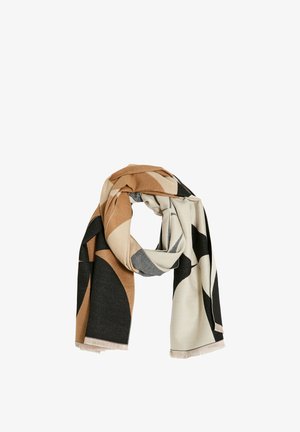 Écharpe tissée présentant des formes abstraites en marron, beige, gris et noir. Texture douce avec des bords à franges. Convient pour diverses options de style.