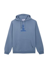 Sudadera azul claro hecha de una mezcla de algodón, con un bolsillo canguro delantero y un estampado gráfico azul que incluye la palabra "BESSEL" y un diseño relacionado con el fútbol.