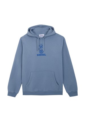 Sudadera azul claro hecha de una mezcla de algodón, con un bolsillo canguro delantero y un estampado gráfico azul que incluye la palabra "BESSEL" y un diseño relacionado con el fútbol.