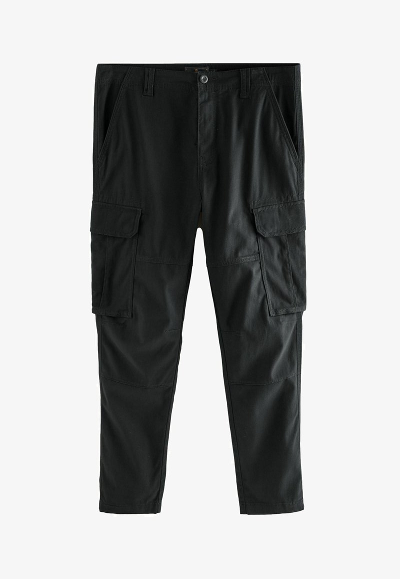 Pantalons cargo noirs avec poches avant, poches à rabat sur le côté, passants de ceinture, fermeture par bouton et zippée, et détails de genoux cousus.