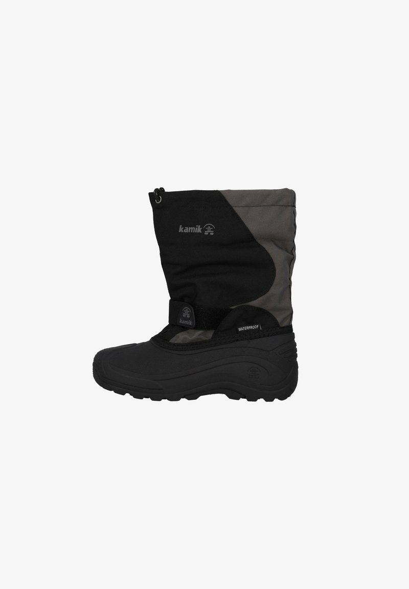 Botte d'hiver noire imperméable avec tige en tissu gris, manchette réglable et semelle en caoutchouc conçue pour la traction et la chaleur par temps froid.