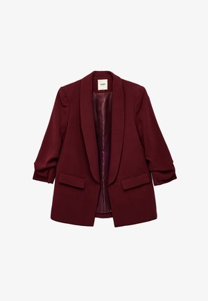 Bordeaux blazer gemaakt van een gemêleerde stof, met een sjaalkraag, twee voorzakken en een gladde satijnen voering, met driekwartmouwen.