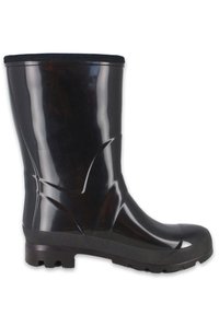 Zwarte rubberen regenlaars met een glanzende afwerking, iets gebogen ontwerp, versterkte zool en gestructureerde accenten voor verbeterde grip.
