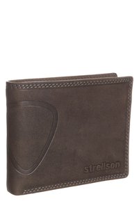 Hnědá kožená peněženka se šitými okraji, embosovaným logem a hladkým povrchem. Disponuje jednoduchým, obdélníkovým designem s jemnými křivkami.