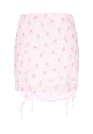 Jasnoróżowa spódnica na sznurek z drobnym wzorem różowych róż i niebieskich łodyg, marszczony dół dla regulowanego dopasowania.