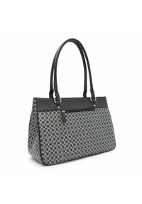 Borsa tote nera con un tessuto grigio a motivo che presenta cerchi interconnessi, doppie maniglie in pelle nera e una tasca frontale con zip.