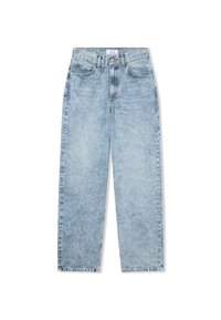 Jeans in denim azzurro chiaro con vita alta, design a gamba dritta, lavaggio sbiadito, cinque tasche e cuciture a contrasto.