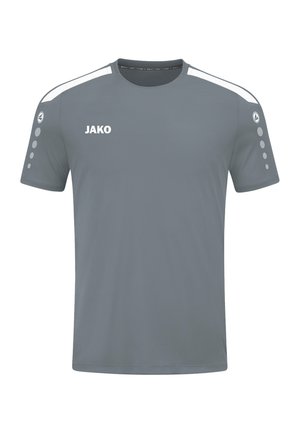 Graues Sportshirt mit kurzen Ärmeln und weißen Akzenten an den Schultern, rundem Kragen und kreisförmigem Muster auf den Ärmeln. Mit dem weißen "JAKO"-Logo.