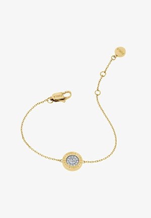 Guldbeklædning med en rund vedhæng med en krystal i midten, graveret med "Furla 1927," og en hummerlås på et kæde-link design.