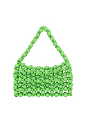 Borsa a mano in perline verdi realizzata in materiale morbido, con un design a griglia composto da perline tonde, un manico triangolare e una superficie testurizzata.