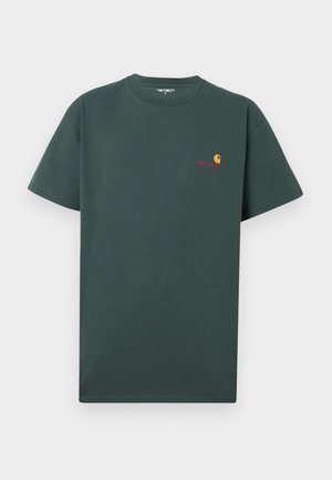 Dark green cotton t-shirt with a crew neck, short sleeves, featuring a small yellow and red logo on the left chest area.