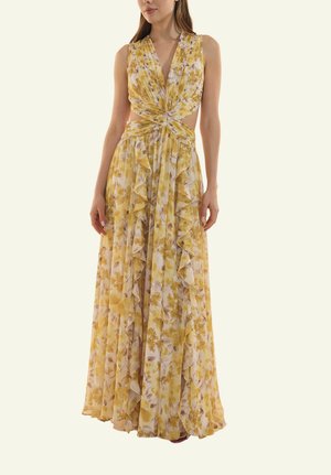 Ärmelloses, gelbes Maxikleid mit Blumenmuster, tiefem V-Ausschnitt, gedrehten Taillenausschnitten und fließenden Rüschendetails am Rock.