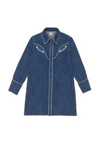 Abito in denim blu scuro con maniche lunghe, chiusura frontale con bottoni, colletto a punta e cuciture bianche a forma di freccia sul petto e sui polsini.