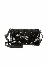 Schwarze Pailletten-Clutch mit einem Reißverschluss, ausgestattet mit einem abnehmbaren schwarzen Schultergurt und einem glatten Lederakzent. Rechteckige Form.
