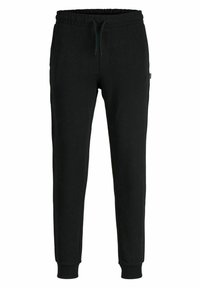Zwarte katoenen joggingsbroek met een elastische tailleband en trekkoord, met taps toelopende pijpen en ribgebreide boorden.