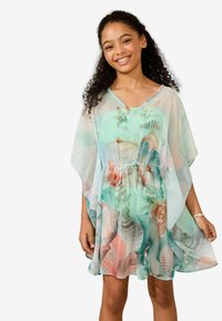 Rochie kaftan de culoare turcoaz deschis, cu modele florale și scoici. Are un decolteu în V, mâneci largi și o talie ajustată cu un șnur.