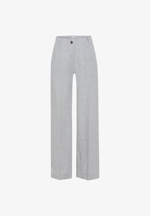 Pantalons en lin gris clair avec une coupe droite, dotés d'une fermeture à bouton, de poches avant et d'une texture subtile.