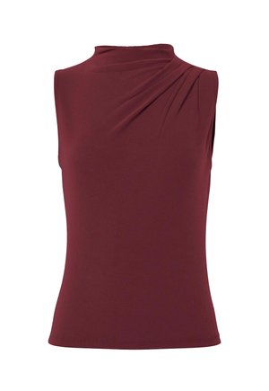 Top senza maniche bordeaux con colletto alto, caratterizzato da dettagli drappeggiati sulla spalla. Tessuto morbido e elastico con silhouette aderente.