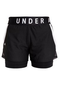 Pantalones cortos deportivos negros con mallas compresoras integradas, franjas laterales blancas, detalles de malla y una cinturilla con el texto "UNDER A".