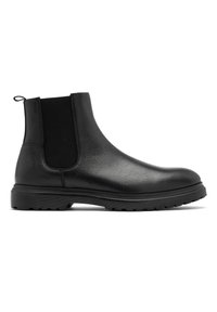 Botine Chelsea din piele neagră, cu panouri elastice laterale, tab de prindere, finisaj texturat și talpă de cauciuc robustă, concepute pentru a fi ușor de purtat și durabile.